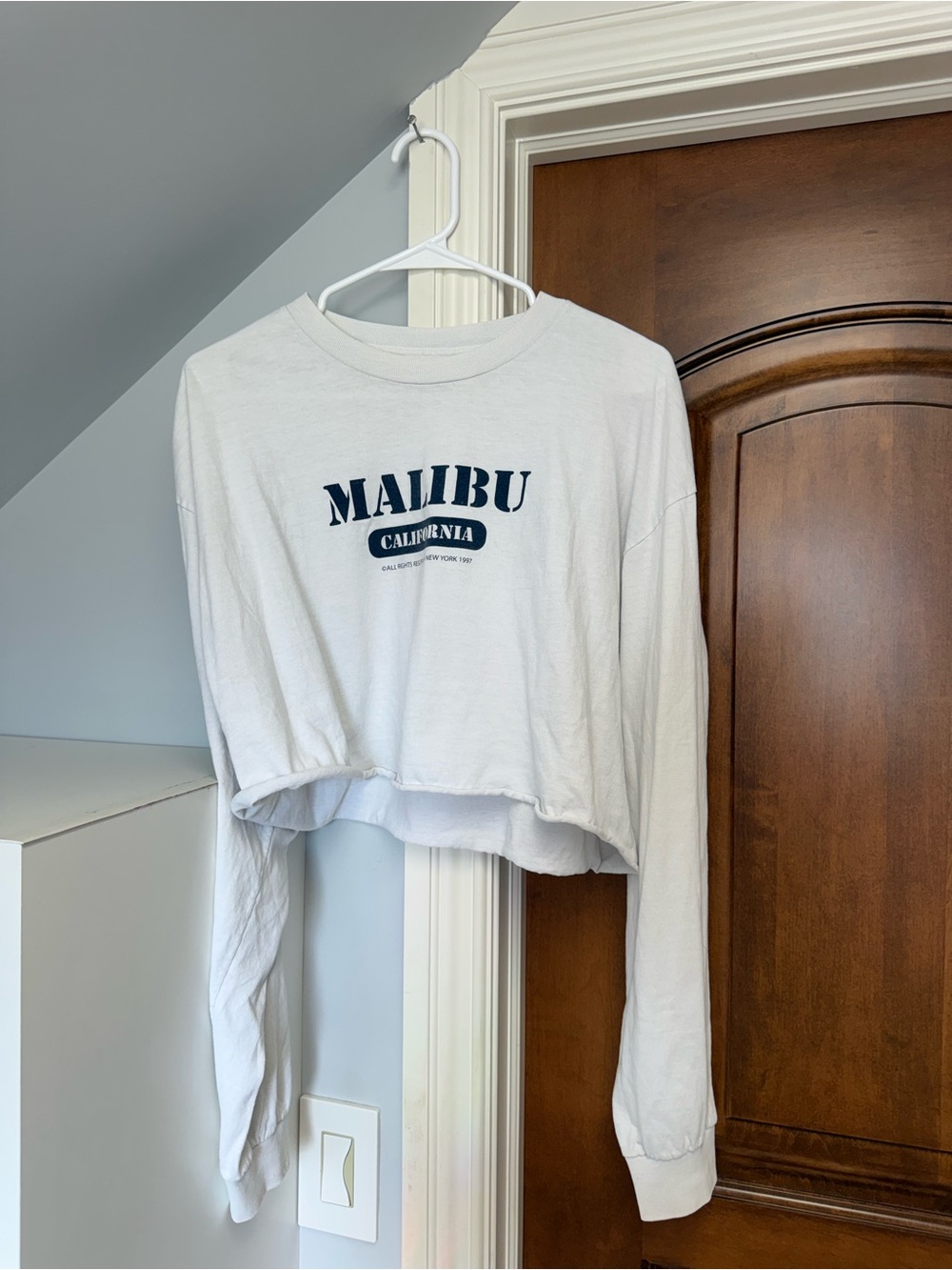 Brandy Melville White Malibu California Cropped Long Sleeve Tee